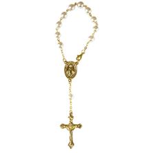 SINGLE DECADE AUTO ROSARY - GOLD WITH PEARL FINISHED GLASS BEADS